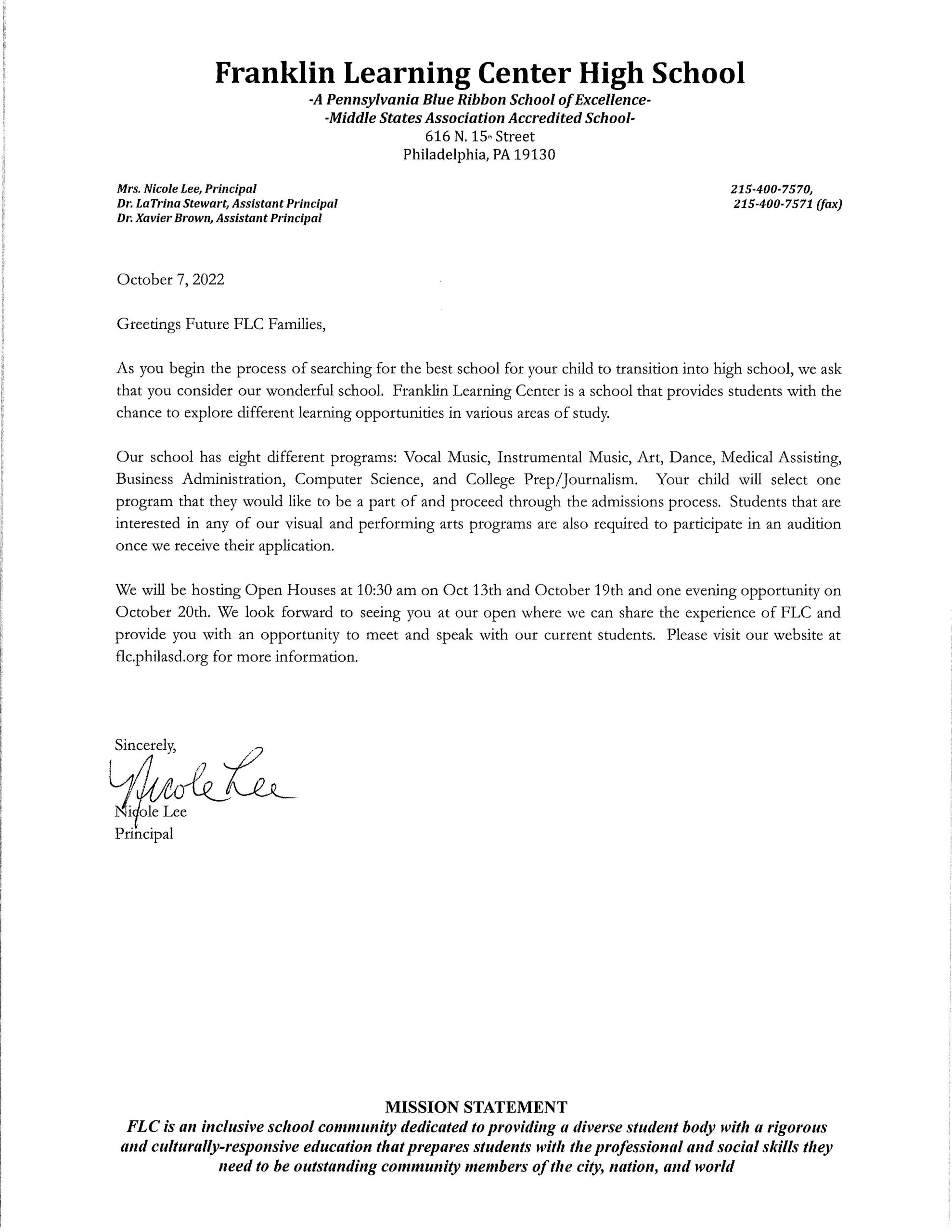 Prospective Student Family Letter Franklin Learning Center